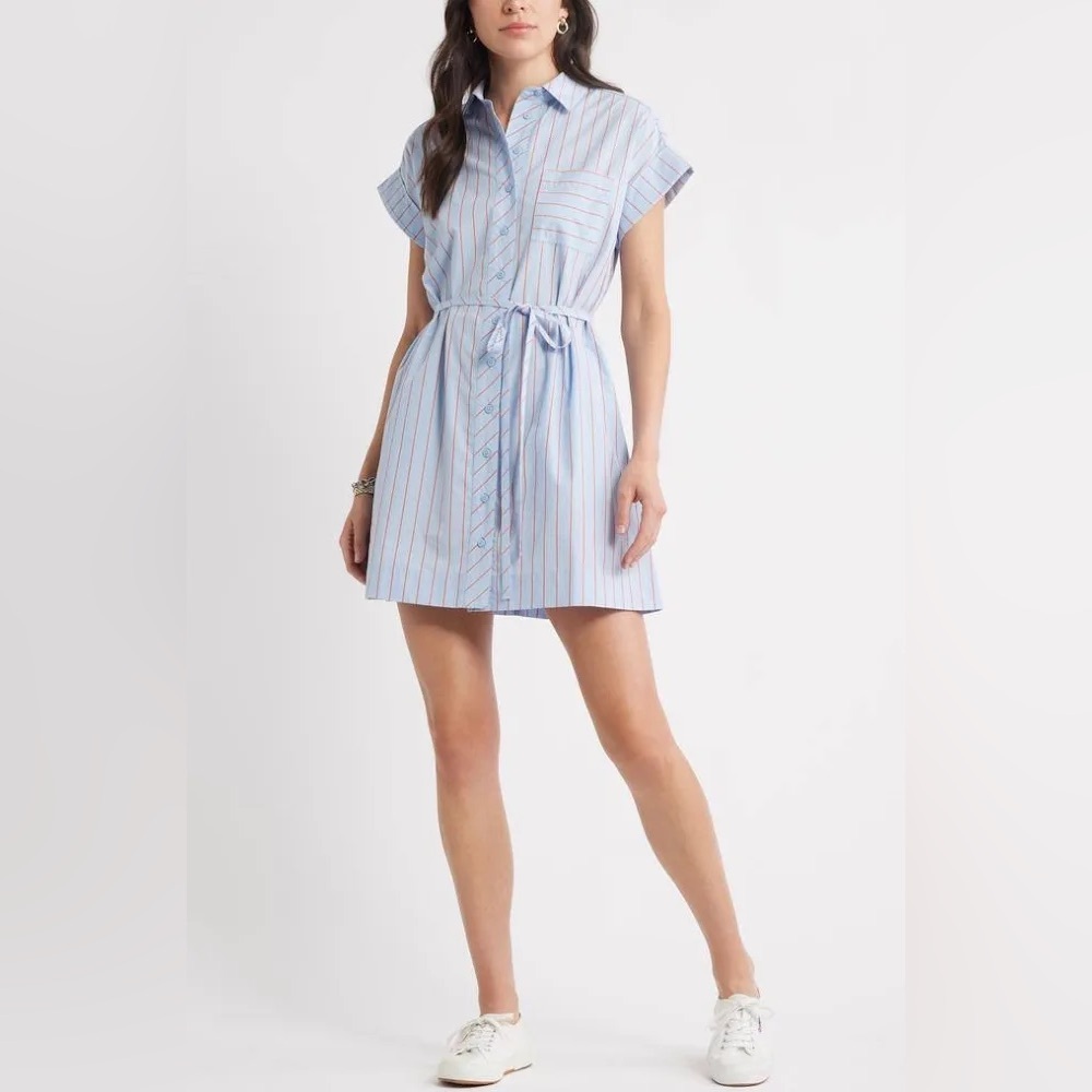 Caslon 100% cotton Women's Light Blue and Red Striped Mini Dress missing belt